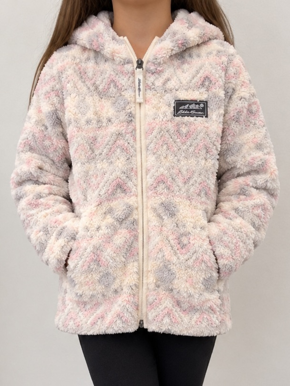 Eddie Bauer Cream Hooded Plush Puffer with Pink & Gray Accents